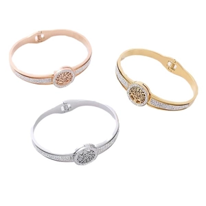 Three-color stainless steel tree of life open bangles with crystal accents on white background