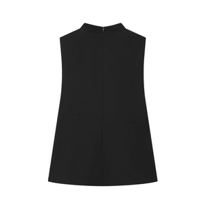 Back view of black sleeveless top with structured hem and invisible zipper closure
