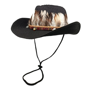 Black straw western cowboy hat featuring ethnic band and feathers with adjustable chin strap