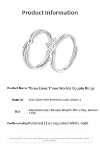 Detail showing S925 sterling silver couple rings with zirconia and adjustable open design