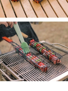 Detail view of steel barbecue cages with wooden handles and a silicone oil brush