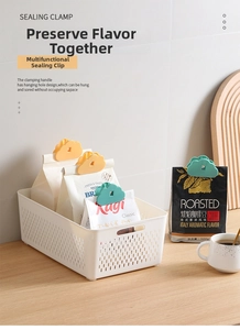 Cloud-shaped food sealing clips in yellow and green with a white storage basket