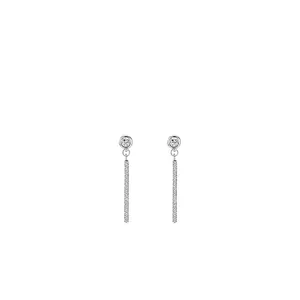 Elegant s925 silver long drop earrings with shimmering micro-pave crystals on white background
