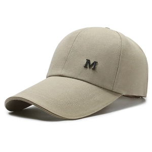 Khaki canvas baseball cap with M letter metal logo and long brim for sun protection