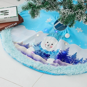 LED Light Up Christmas Tree Skirt Blue Plush Base Cover Cartoon Santa Snowman Pattern Holiday Party Decor Luminous