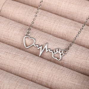 Detailed view of silver heart necklace with heartbeat line and pet paw print design