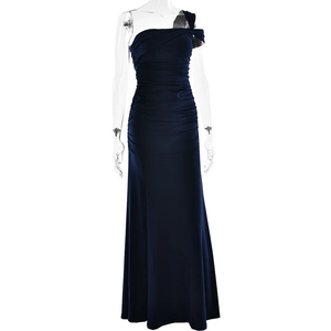 Detail view of navy blue one-shoulder dress with elegant pleats and side slit design