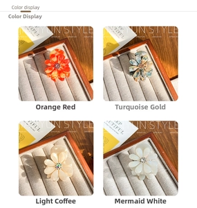 Détails de pinces à cheveux fleurs en orange, bleu, marron et blanc nacré brillant