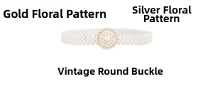 Detailed close-up of retro floral buckle with pearls and rhinestones on elastic waist belt