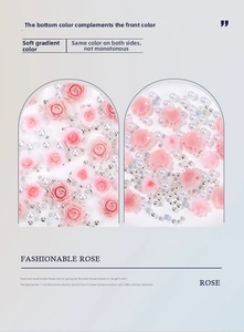 Detail of pink resin rose nail charms with gradient colors and assorted pearls