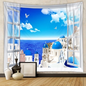 Detail of bohemian tapestry featuring Santorini window view on a textured beige wall