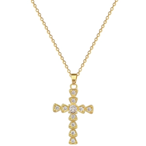 Elegant gold titanium cross necklace with sparkling crystal inlay on white background