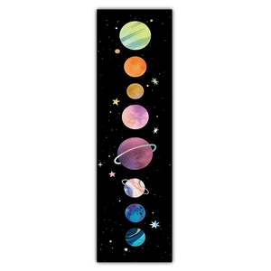 Detailed vertical wall art featuring colorful planetary illustrations on a black starry sky