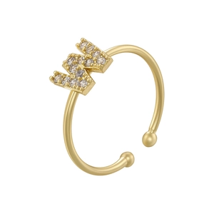 Detailed view of gold open ring featuring letter W encrusted with cubic zirconia stones