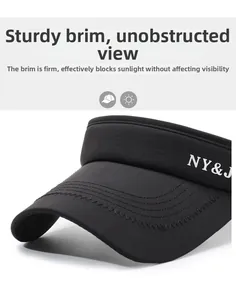 Detail of stiff brim on black sun visor hat with NY&J logo and reinforced stitching