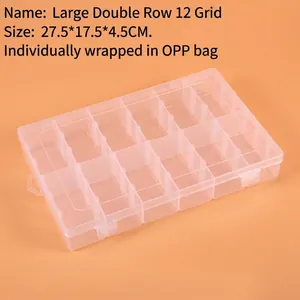 Detailed view of a 12-compartment clear plastic storage box with 27.5x17.5x4.5cm dimensions