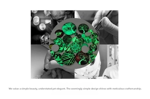 Detailed view of luminous round glass cabochons with glowing tree of life patterns
