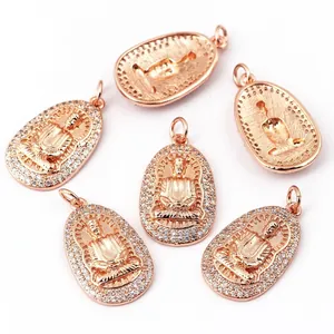 Five rose gold Thai Buddha pendants with micro-pave white zircons and teardrop shape