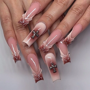 French Gradient Press On Nails Gothic Long Square With 3D Metal Cross Decoration False Nails