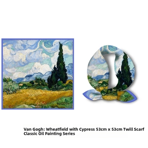 Détail de l'imprimé Van Gogh Wheatfield sur un foulard carré en soie sergé de 53cm