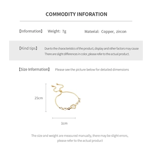 Detailed size specifications of the gold heart bracelet with zircon inlay dimensions