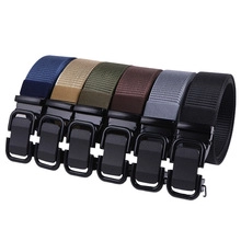 Nylon tactical belts in multiple colors with black metal buckles on white background