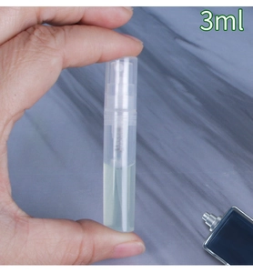 Handheld 3ml plastic spray bottle for perfume samples with clear liquid and fine mist top