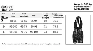 Detailed size chart for lace deep V-neck jumpsuit with S, M, L measurements