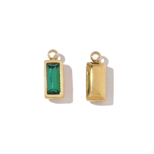 Front and back detail of gold rectangular emerald stone earrings with round clasp