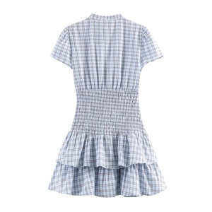 Blue and brown plaid short sleeve mini dress with tiered skirt and high waist back view