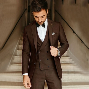 Slim fit dark brown wool three-piece tuxedo suit for groom and formal business events