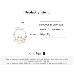Detailed view of rhinestone necklace and earring set with copper material specs and sizing
