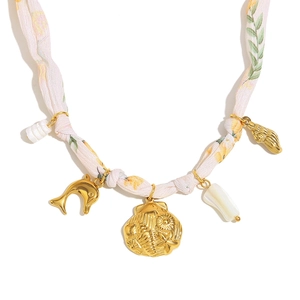 18K gold plated necklace featuring pink floral ribbon and seashell dolphin charms