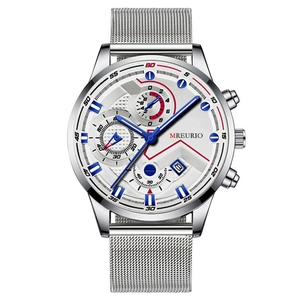 Business men's watch with silver mesh strap and multifunctional white dial with calendar