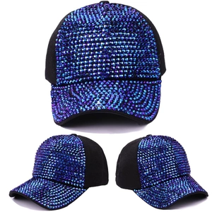 Three angles of black baseball cap with blue and purple gradient rhinestones detail