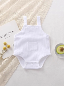 Breathable white ribbed cotton baby bodysuit with decorative pocket and snap buttons