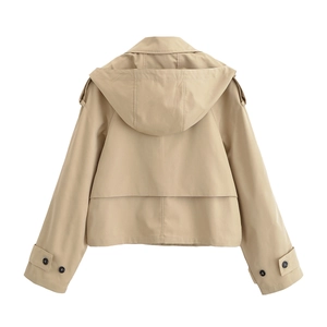 Back view of women's short hooded trench coat in khaki with classic storm flap
