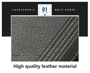 Detail of high-quality black leather texture and precise stitching on men's wallet