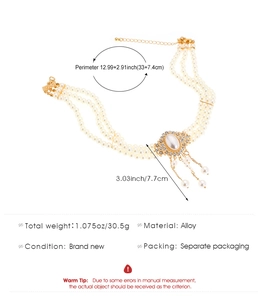 Detailed size chart for multilayer pearl necklace with dimensions in inches and centimeters