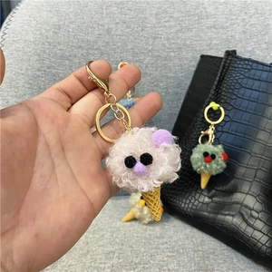 Cute handmade fuzzy plush ice cream cone keychain charm accessory for bags and keys