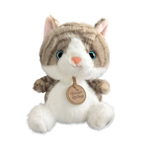 Realistic striped cat plush toy with blue eyes and fluffy white fur on white background