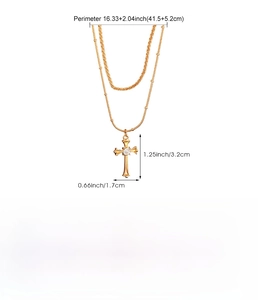 Detailed size chart for the gold layered cross necklace showing 41.5cm chain and pendant