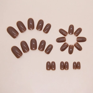 Mocha coffee brown press-on nails set with 24 pieces in glossy oval shape design