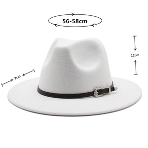 Detailed size specifications of white wool jazz fedora hat with brown leather belt