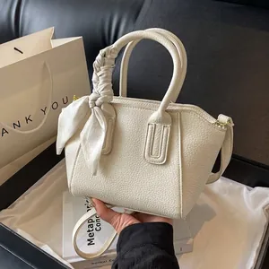 Lychee Pattern PU Leather Crossbody Handbag With Decorative Satin Scarf Bucket Bag Fashion Elegant Commute For Women