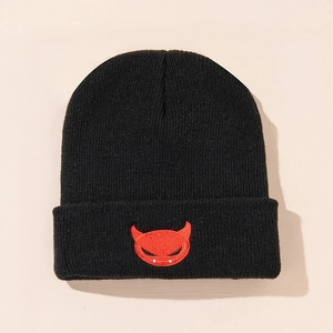 Beanie Knit Hat Little Devil Embroidery Acrylic Warm Cuffed Winter Skull Cap For Men Women Unisex Streetwear