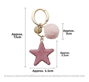Size chart for star keychain with pink crystals, faux fur pompom, and metal hook