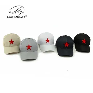 Mesh baseball caps with red star embroidery in beige, grey, white, blue, and black colors