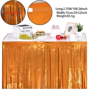 Detail view of 75x275cm gold foil fringe table skirt with dimensions and adhesive strip
