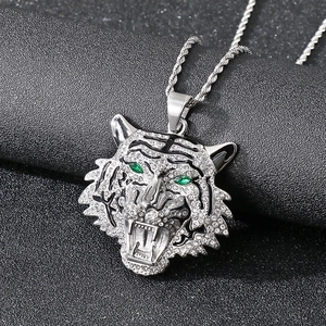 Hip hop silver tiger head pendant with clear crystals and green eyes on twisted rope chain